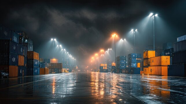 Industrial Shipping Containers at Night in a Rainy Port.