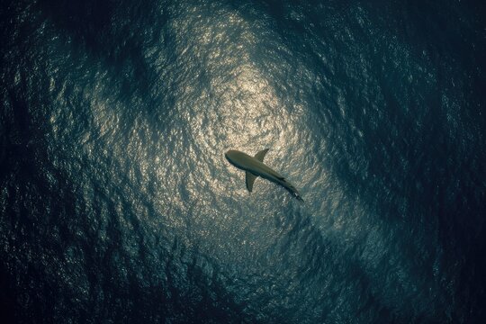 A solitary shark gracefully swims through shimmering turquoise waters, creating a captivating underwater scene.