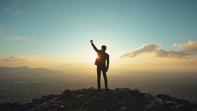 朝日と都市を見下ろす高台で拳を掲げる日本人男性のシルエット