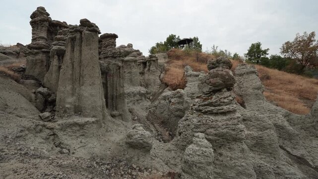 Natural stone town of Kuklica in northern Macedonia. Stone tables near the Kriva River
