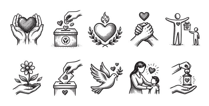 A collection of hand-drawn vector icons illustrating concepts of charity, kindness, love, donation, and giving. The icons feature hearts, hands, a dove, a plant, and people, rendered in a simple.