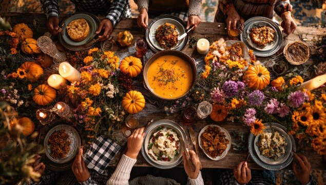 A warmly lit overhead view captures a festive Thanksgiving dinner gathering around a beautifully decorated table.
