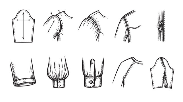 A hand-drawn illustration displays various stages of sewing a garment sleeve, including pattern pieces and construction techniques, ideal for fashion design resources.