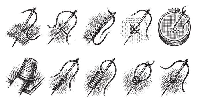 A collection of hand-drawn illustrations showcasing various sewing and stitching techniques, including needle threading, knot tying, and fabric manipulation, ideal for craft or DIY projects.