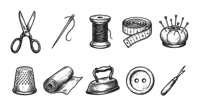 A collection of vintage-style hand-drawn sewing tools including scissors, needle, thread, measuring tape, pins, thimble, fabric, iron, button, and seam ripper.