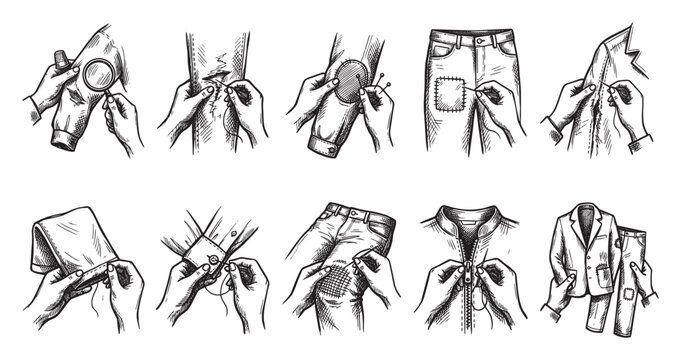 A collection of black and white hand-drawn illustrations depict various stages of sewing and mending clothes, showing repairs, patches, and zipper fixes.
