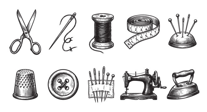 A vintage-style collection of hand-drawn sewing essentials including scissors, needle, thread, tape measure, pins, thimble, button, and iron.
