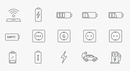 Fototapeta premium Electric Car Charging Icons: Battery, Plug, Outlet, Wireless Charging, Energy Symbol