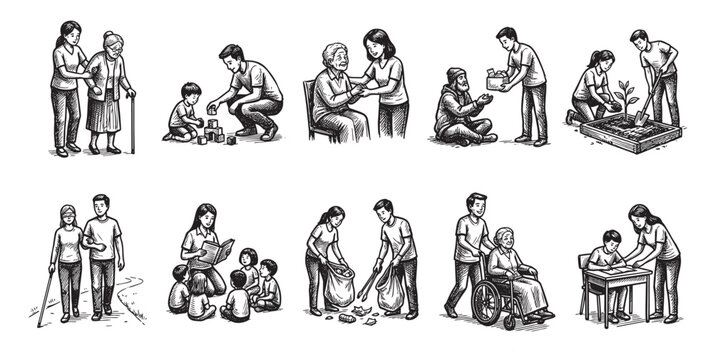 A set of hand-drawn black and white illustrations depicting diverse acts of kindness, community service, and intergenerational connection with a focus on helping those in need.