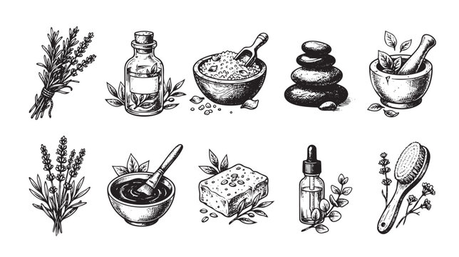A charming hand-drawn collection of spa and aromatherapy items including lavender, essential oil bottles, salt, stones, mortar, and brush on a white background, perfect for wellness branding.