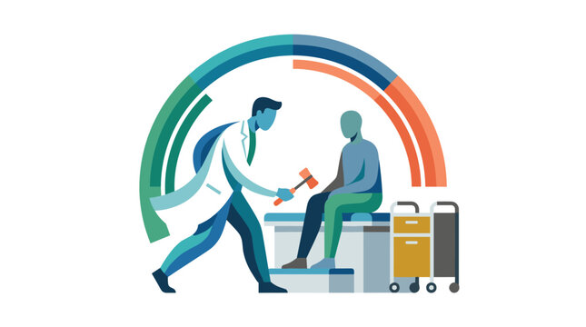 A stylized doctor tests a patient's reflexes with a hammer in a clean and modern clinical setting under a vibrant multi-colored abstract rainbow arch.