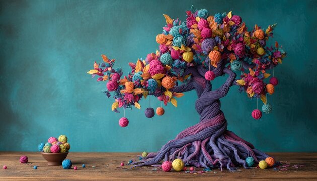 Whimsical Fantasy Tree Adorned with Colorful Orbs and Fruits.