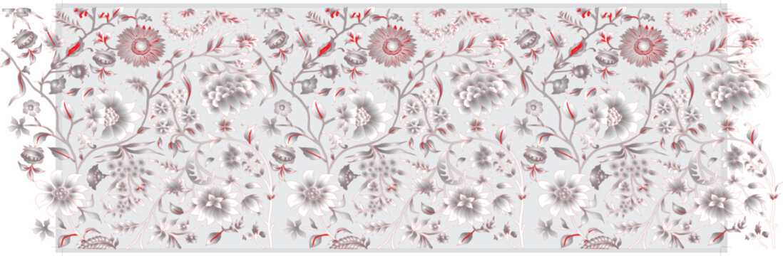 Elegant Vintage Floral Seamless Pattern with Ornate Red and Grey Motifs