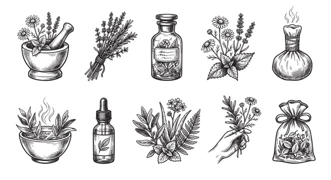 A collection of vintage, hand-drawn illustrations depicting various elements of herbal medicine, including a mortar and pestle, herbs, bottles, and spa bags, perfect for health and wellness themes.