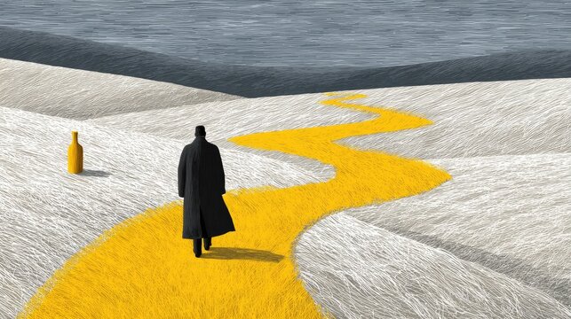 Man in Black Coat Walks on Yellow Path Through Surreal Landscape.