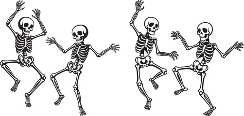 Obraz premium Four dancing skeletons in black and white illustration with party time skeleton skeletons halloween illustration celebration movement character creature celebrate energetic