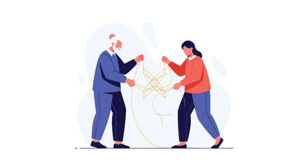 Naklejka premium An elderly man and a younger woman collaborate patiently to untangle a complex and glowing golden web of threads in a space with a soft and neutral color motif.