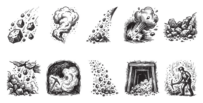 A set of vintage scratchboard style illustrations depicting mining scenes including rockfalls explosions dust clouds and a miner with a pickaxe.