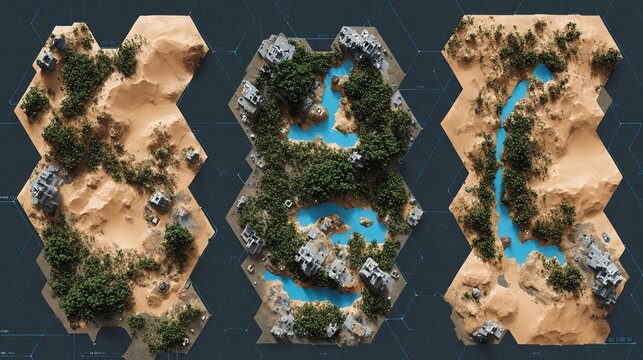 Topdown view of three hexagonal game map tiles featuring desert landscapes, lush green forests, blue water bodies, and futuristic ruins on a dark technical grid background