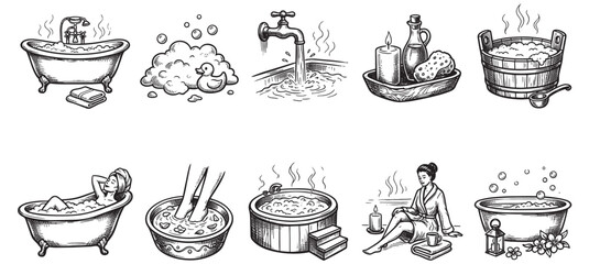 Fototapeta premium A collection of hand-drawn illustrations depicting various bathing and spa scenes, including bathtubs, hot tubs, foot soaks, and relaxation elements.