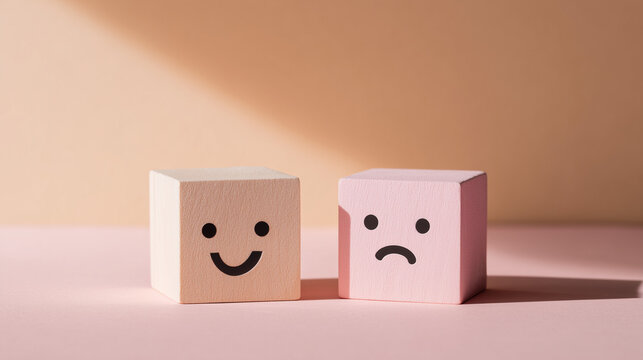 minimal emotional concept, two wooden cubes with simple smile and sad face icons