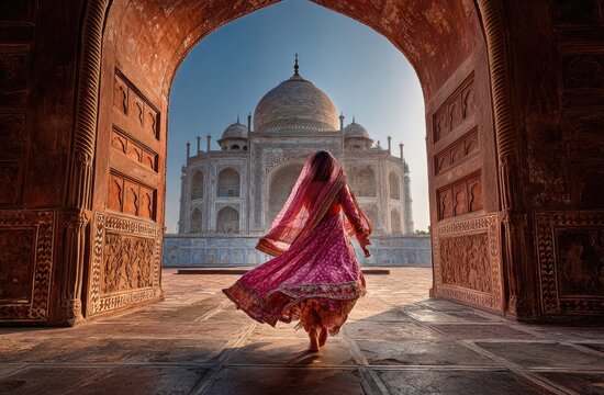 A woman in a vibrant red and pink dress gracefully dances through an archway, with the iconic Taj Mahal majestically framed in the background, bathed in warm sunlight.