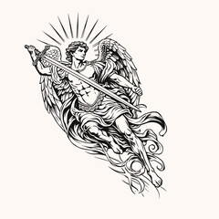 Fototapeta premium illustration of angel michael carrying a sword black and white art . vector graphic illustration art
