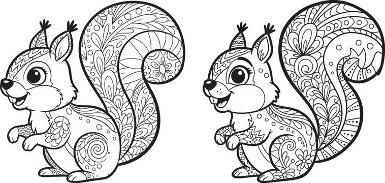 Two cartoon squirrels with ornate patterned fur and fluffy tails line art tree dweller nut collector animal drawing white background cute animal baby animal sticker art hand drawn squirrel