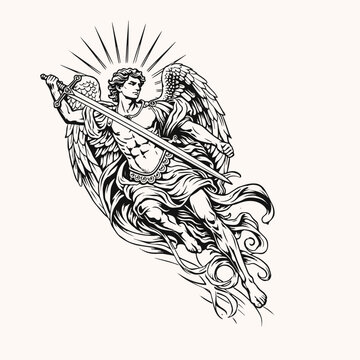 illustration of angel michael carrying a sword black and white art . vector graphic illustration art