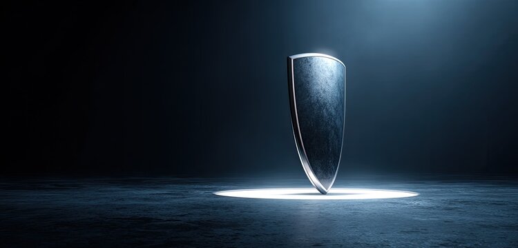 A solitary, metallic shield stands illuminated on a dark, textured surface, symbolizing protection and security.