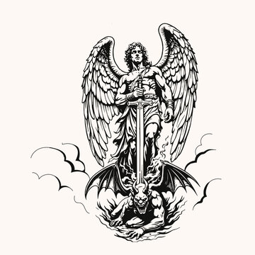 illustration of Archangel Michael thrusts his sword into the devil.  black and white art . vector graphic illustration art