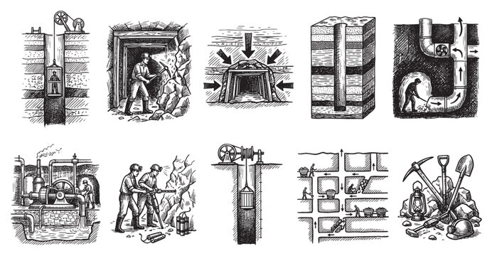 A collection of vintage-style black and white illustrations depicting various aspects of the mining industry, including equipment, labor, and processes, perfect for historical or educational contexts.
