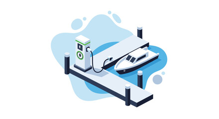 Fototapeta premium A modern white electric motorboat is docked at a grey wooden pier while connected to a specialized green and white charging station in deep blue water.