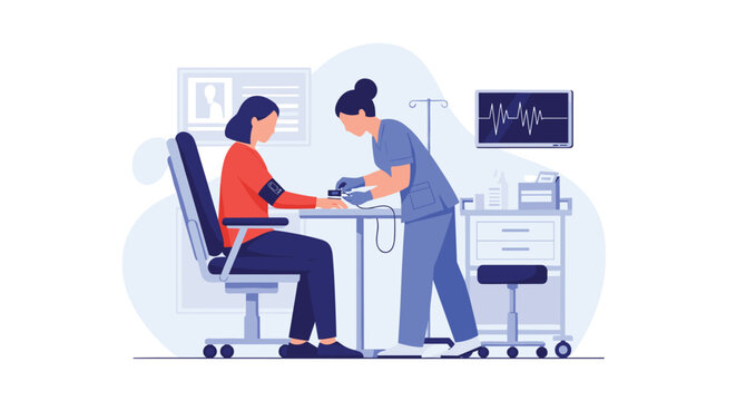 A skilled nurse in blue scrubs uses a digital pulse oximeter to monitor the oxygen levels of a patient seated in a clinic with a bright and airy blue color scheme.