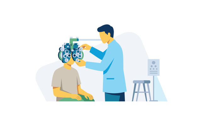 A professional eye doctor uses a complex phoropter machine to conduct a vision test for a male patient in a bright optometry clinic with soft blue and gray tones.