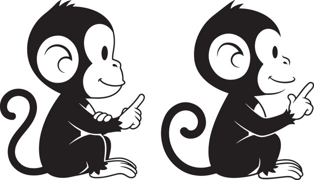 Two cartoon monkeys sitting and pointing black and white illustration digital art white background line art graphic resource illustration pointing character silhouette creative wildlife