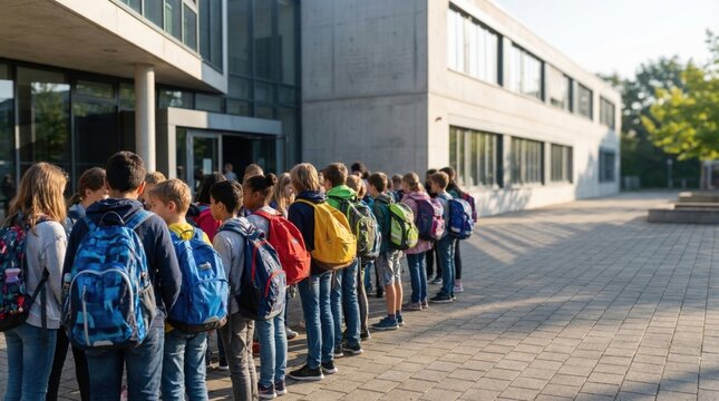 Children standing outside a modern school building with colorful backpacks