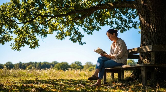 Woman reading a book on a bench under a large tree