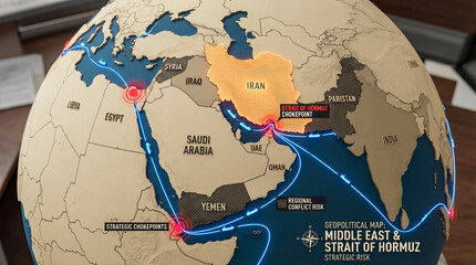 global geopolitical map middle east globe showing iran strait hormuz strategic maritime chokepoints international oil shipping transport routes conflict risk zone visualization