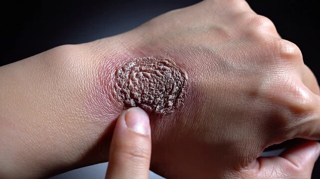 Close-up of a skin lesion or rash on the hand