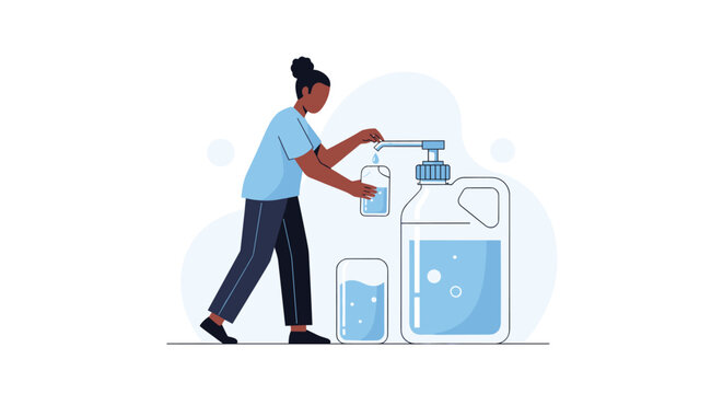 A diligent woman carefully fills a clear glass from a large plastic water container using a manual pump dispenser against a soft blue background.