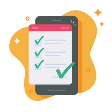Survey exam success checklist on mobile smartphone cell phone screen icon vector modern graphic illustration, web electronic passed quality compatibility inspection quiz, test assess image clip art
