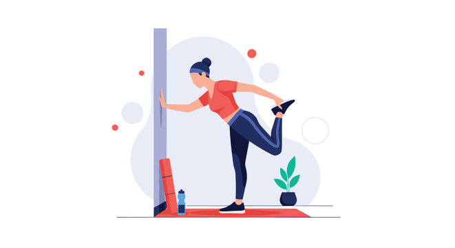 A dedicated female athlete wearing a red top and dark leggings performs a focused standing quadriceps stretch against a solid wall in a bright studio.