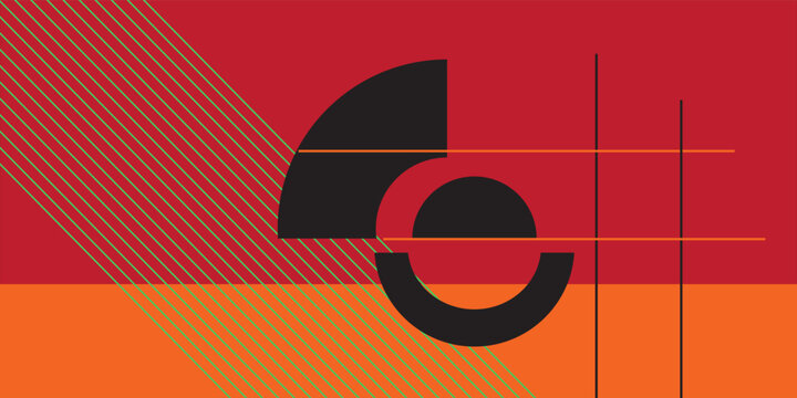 Abstract geometric composition with bold red, orange, black, and green elements.