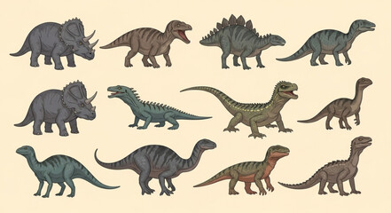 Collection of various dinosaur species in cartoon style. © yanto