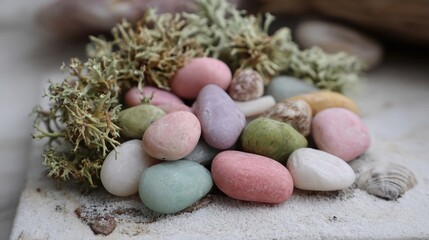 Obraz premium Assorted Smooth Pastel-Colored Palm-Sized Pebbles and Stones with Dried Foliage