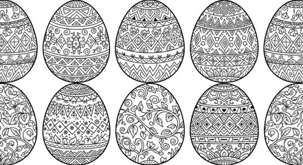Collection of intricately decorated Easter eggs in black and white. © yanto