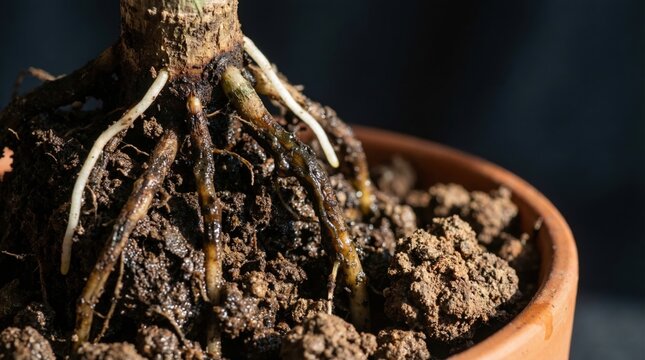 Close-up view of a plant root system in rich soil