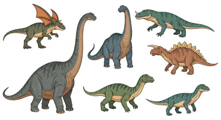 Collection of diverse prehistoric dinosaur species illustration. © yanto