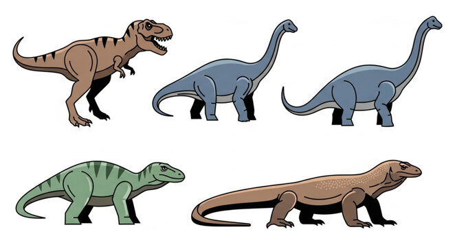 Collection of five different dinosaurs and a lizard illustration.